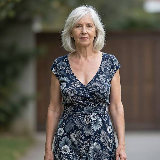 Photograph of an elderly woman with short white hair, wearing a navy blue floral dress, standing outdoors with a blurred green and brown background.
