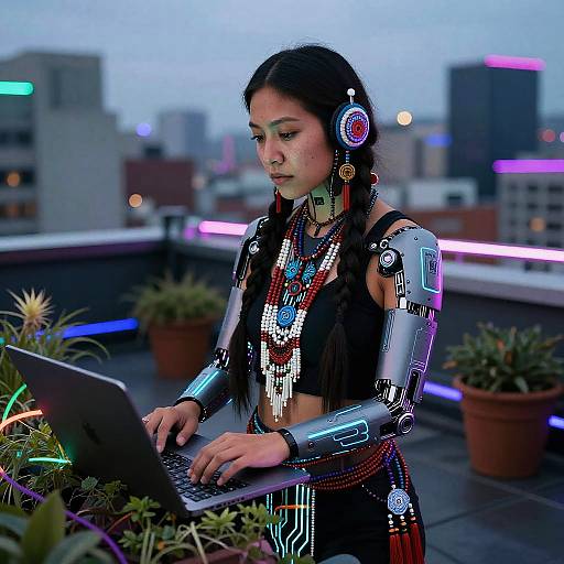 Cyberpunk-style photograph of an Asian woman with long black hair, wearing a futuristic, armored outfit, typing on a laptop on a rooftop at dusk