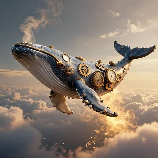 Steampunk-style, mechanical blue whale with clock gears and steam rising, soaring through a golden-lit, cloudy sky. Fantasy, surreal art.