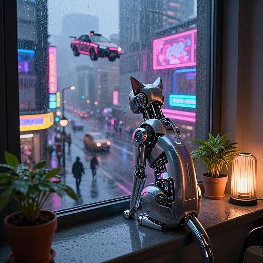 Photograph of a silver robotic cat on a windowsill, overlooking a neon-lit, rainy city street with a flying car and pedestrians. Potted