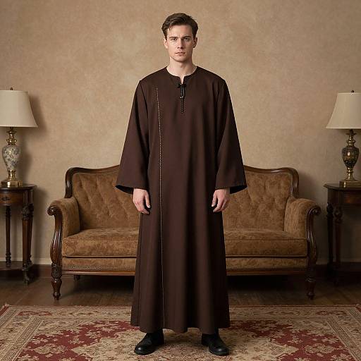 Photograph of a young man in a long, black, traditional robe standing in a vintage living room with brown sofa and cream lamps.