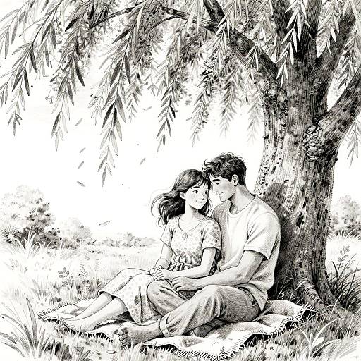 Intimate Sketch of Couple Under Willow