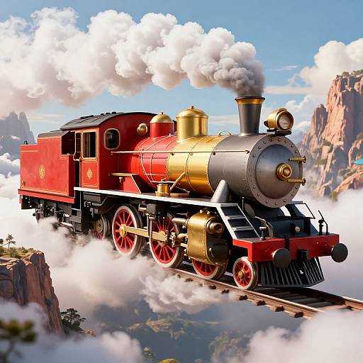 Vibrant, CGI-style image of a red and gold steam locomotive soaring through clouds over a mountainous landscape with blue sky and scattered white clouds