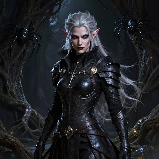 Digital fantasy artwork of a silver-haired, elf woman with pointed ears, wearing black, metallic armor, standing in a dark, enchanted forest.