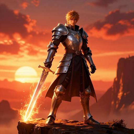Digital art of a blonde, armored knight with a glowing sword, standing on a rock at sunset, fiery sky, mountains in background.