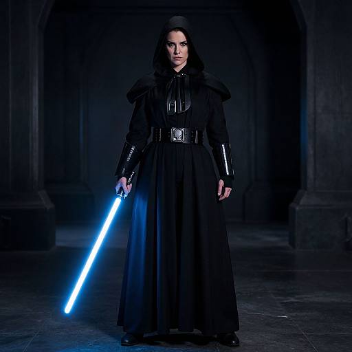 Photograph of a dark-haired woman in a black, glossy Jedi-like robe, holding a glowing blue lightsaber, standing in a dimly lit,