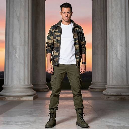 Confident Man in Camo Windbreaker