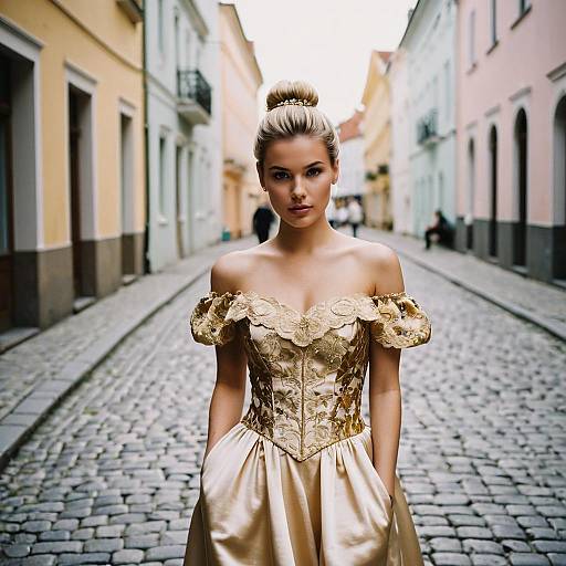 Young Woman in Gold Satin Dress on Cobblestone Street