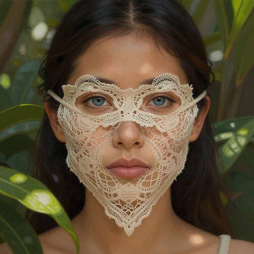 Photograph of a young woman with dark hair and blue eyes, wearing an intricate, cream-colored lace mask, surrounded by lush green leaves.