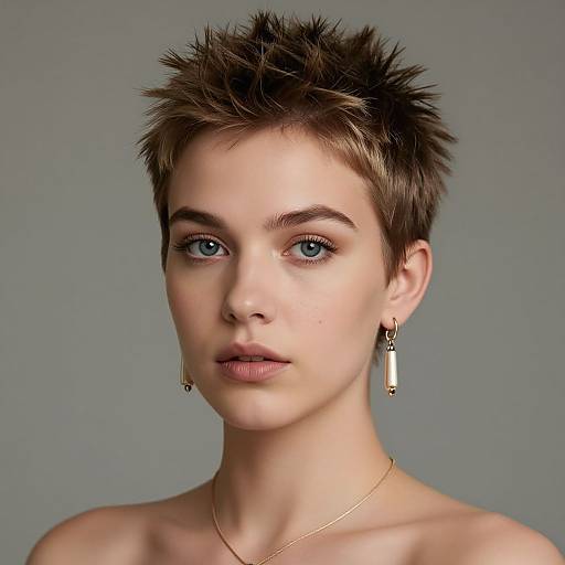Photograph of a fair-skinned woman with short, spiky brown hair, blue eyes, minimal makeup, gold earrings, and necklace, against a