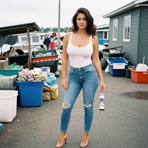 Photograph of a brunette woman with wavy hair, wearing a white tank top, ripped blue jeans, and heels, holding a water bottle, standing