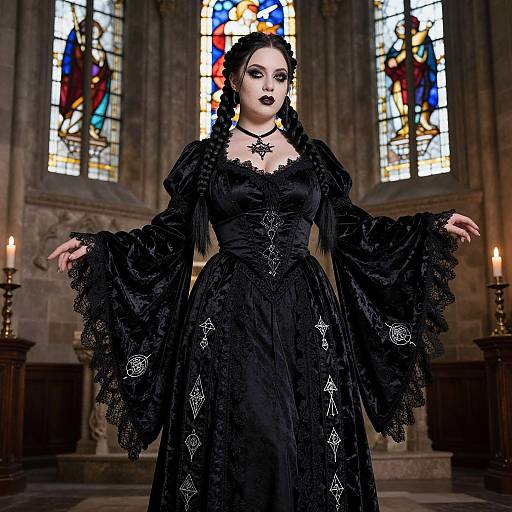 Gothic woman in black lace dress with wide sleeves, dark lipstick, and choker, stands in ornate church with colorful stained glass windows and