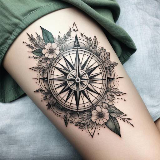 Floral Compass Tattoo on Thigh