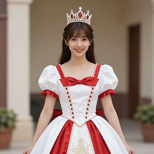 Photograph of an Asian woman with long black hair, wearing a white and red princess dress, puffed sleeves, red bow, and a silver crown