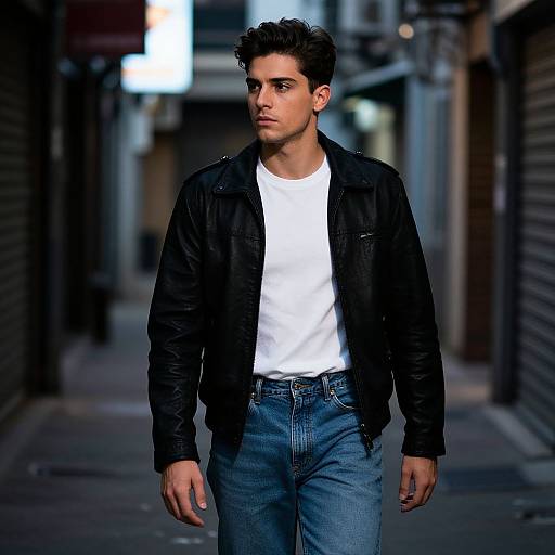 Photograph of a handsome, dark-haired man in a black leather jacket, white t-shirt, and blue jeans walking down a dimly lit, urban