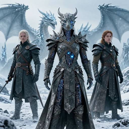 Photograph-like CGI of three armored figures in snowy landscape: central figure with glowing blue eyes and dragon-like helmet, flanked by two blonde women in