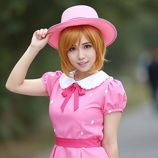 Photograph of an Asian woman with orange hair, wearing a pink dress with white polka dots, white collar, pink ribbon, and matching pink hat