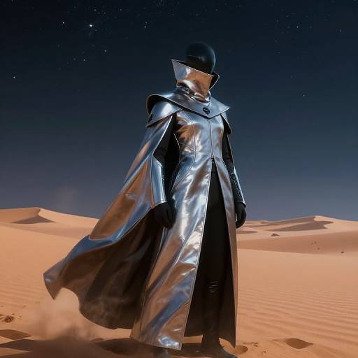 Photorealistic CGI of Darth Vader in a reflective silver cape, standing in a desert under a starry night sky.