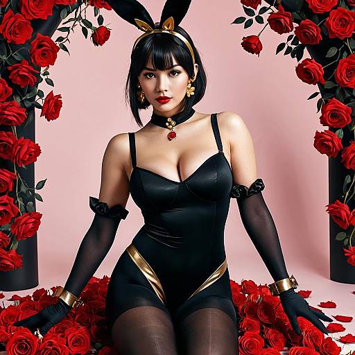 Digital art of an Asian woman in a black bunny costume, surrounded by red roses, with black gloves and gold accessories.