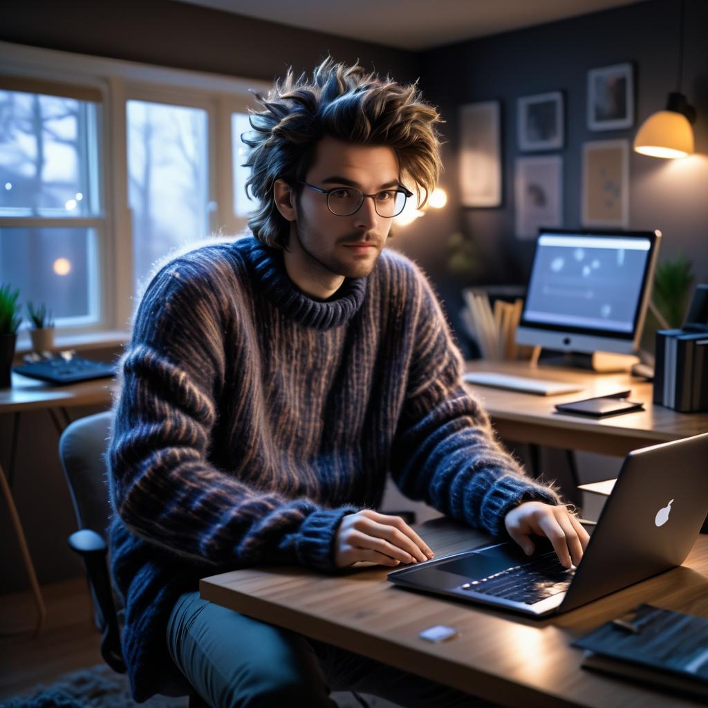 Cozy Software Developer in Dimly Lit Office