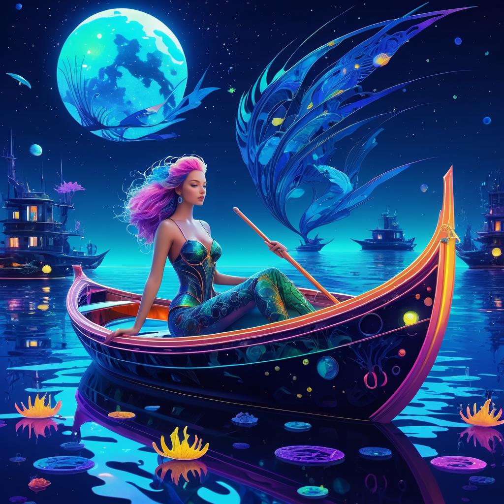 Futuristic Android Mermaid on a Rowboat