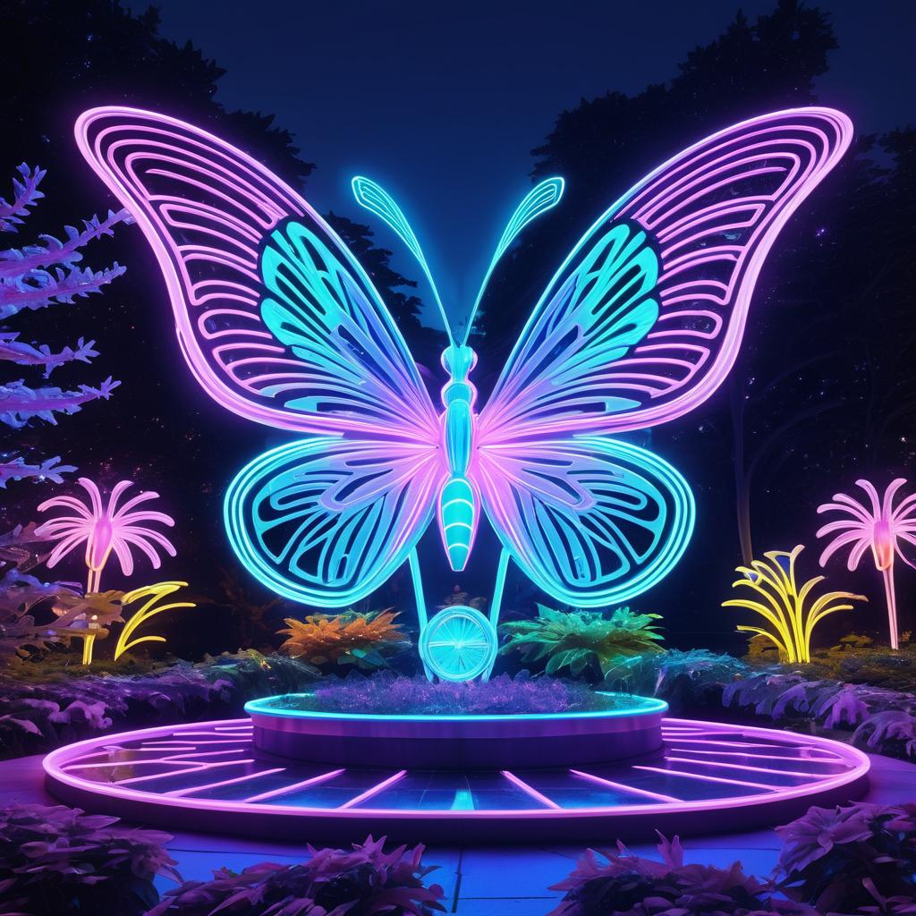 Futuristic Neon Butterfly Statue in Gardens