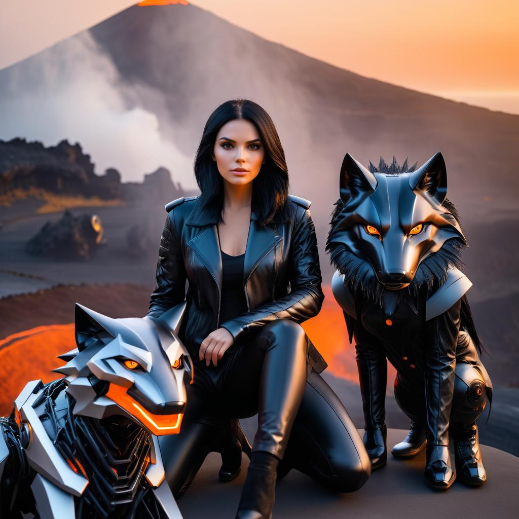 Cinematic Woman with Futuristic Robotic Wolf