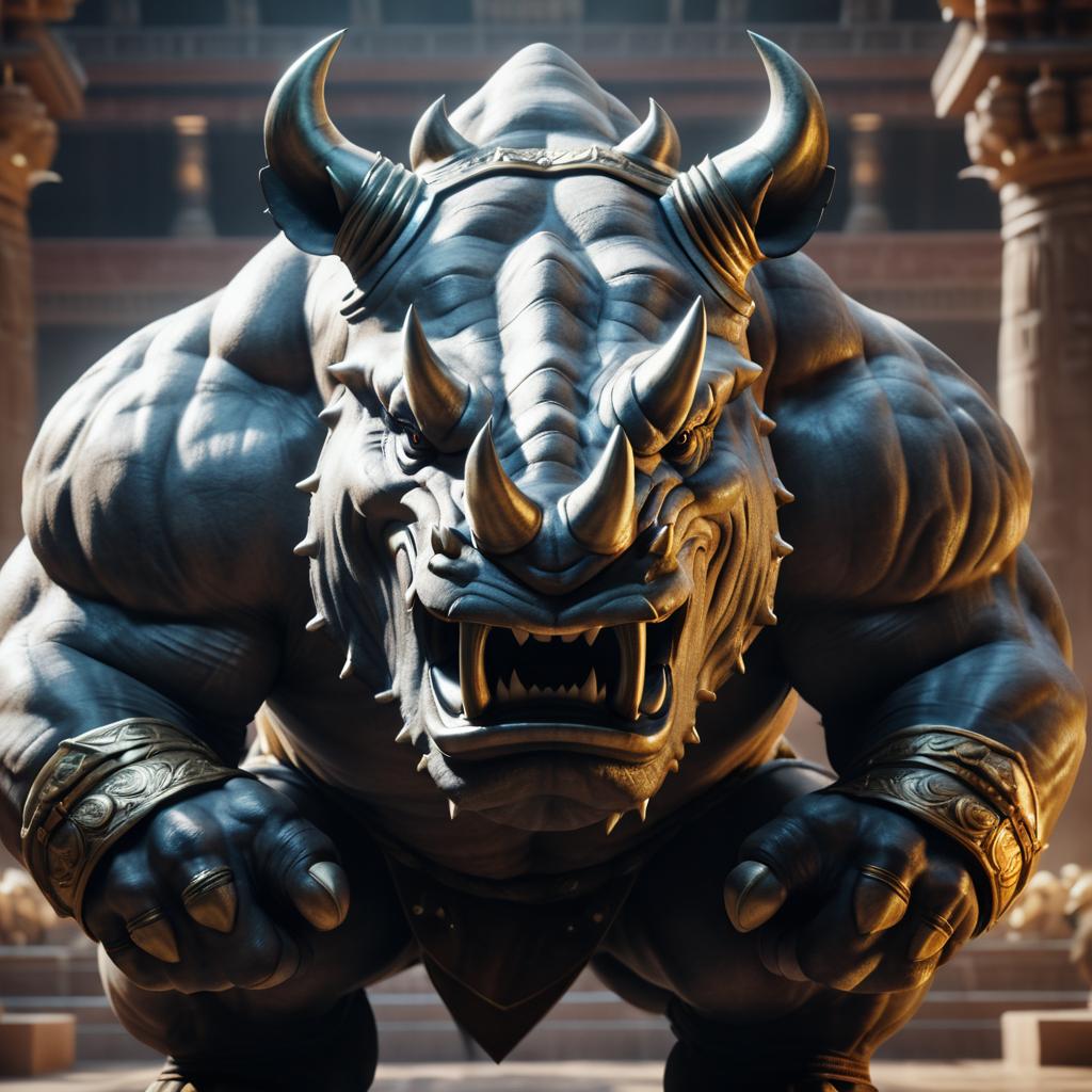 Angry Muscular Rhino in Temple Portrait