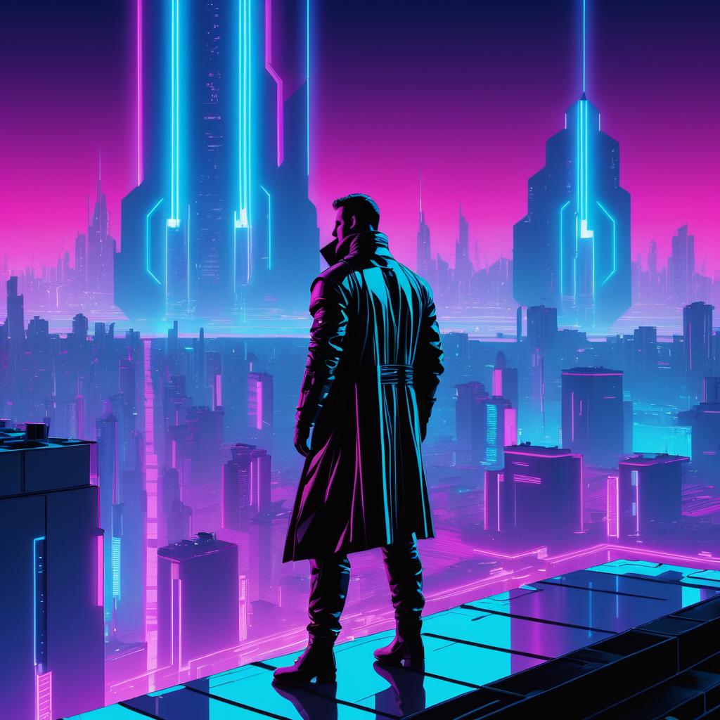 Futuristic Rooftop Scene in Neon Colors