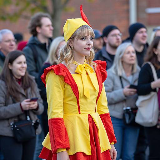 Photograph of a blonde woman in a yellow and red devil costume with horns, standing among a group of casually dressed people outdoors.