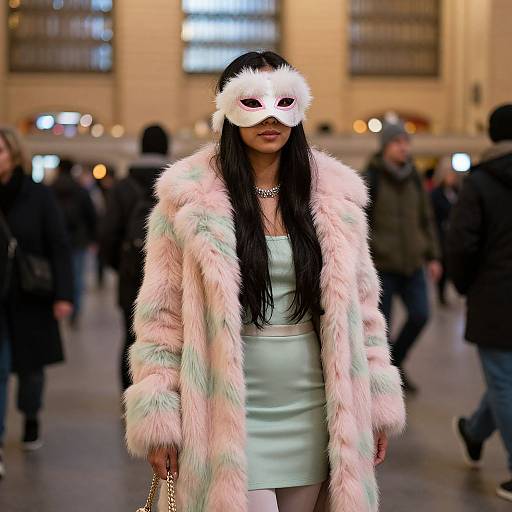 Photograph of a woman with long black hair, wearing a white mask, pastel fur coat, light green dress, and necklace, standing in a