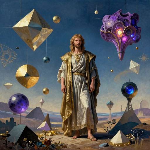 Digital art: Long-haired, bearded man in ornate white and gold robe stands in futuristic desert landscape with floating geometric and organic shapes, colorful orbs