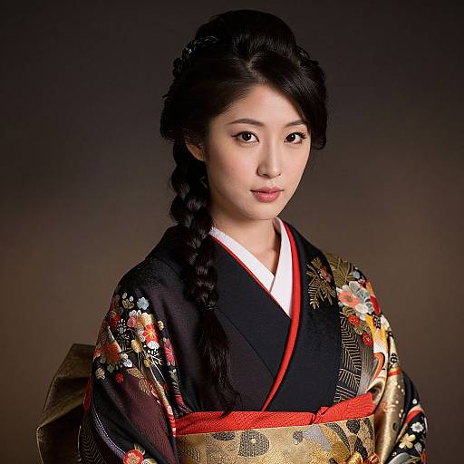 Photograph of an Asian woman with fair skin, black braided hair, wearing a black kimono with red sash and floral embroidery, against a