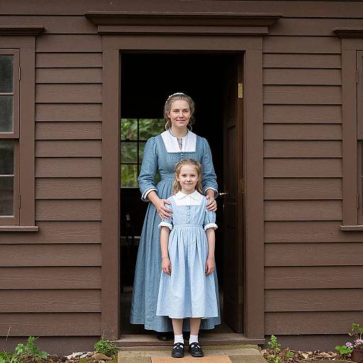 Colonial Woman and Girl at Doorway