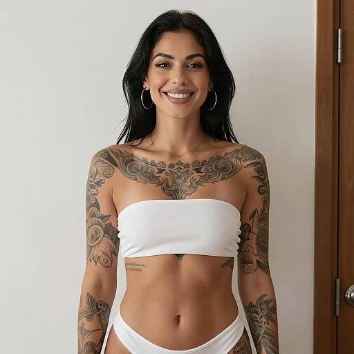 Smiling Tattooed Woman in White Outfit