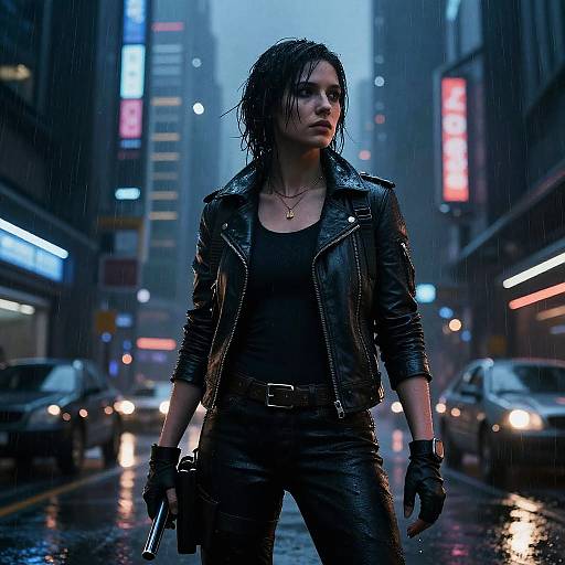 Photograph-style digital artwork of a wet, dark-haired woman in a black leather jacket and pants, standing confidently in a rainy, neon-lit urban