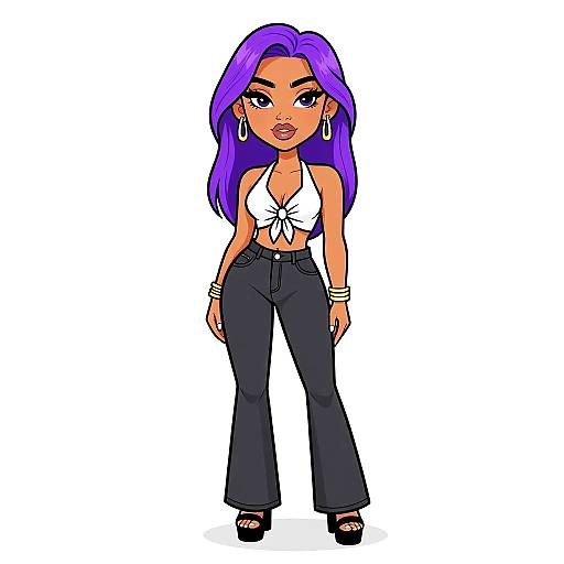 Digital cartoon of a curvy woman with purple hair, white tied crop top, black high-waisted pants, black heels, and gold jewelry.