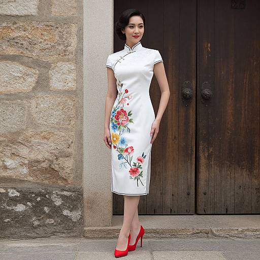 Photograph of an Asian woman in a white floral qipao dress, red high heels, standing against a stone wall and wooden door.
