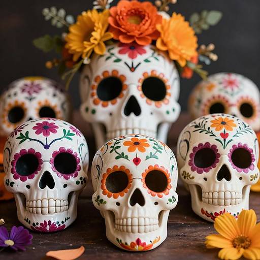 Photograph of five colorful Mexican sugar skulls with floral designs, adorned with orange and yellow flowers, set against a dark background.