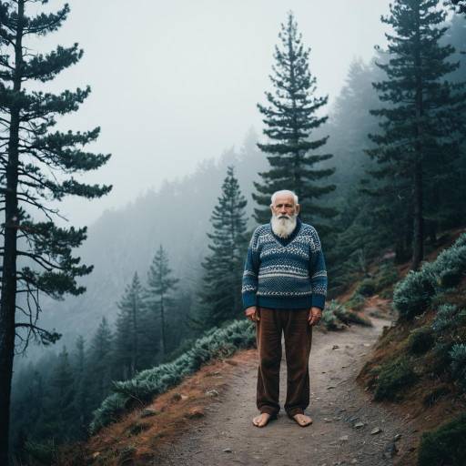 Elderly Man on Misty Mountain Trail Elderly Man on Misty Mountain Trail