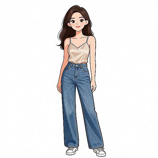 Digital anime-style drawing of a cute, slender woman with long brown hair, wearing a white spaghetti strap top and high-waisted blue jeans with white
