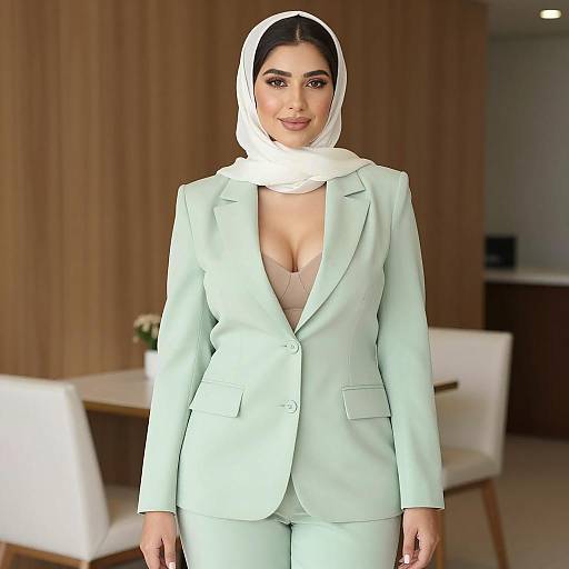 Woman in Light Green Suit and White Headscarf Indoors