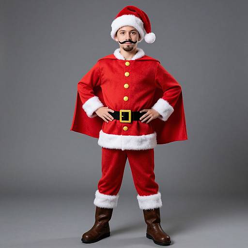 Photograph of a man in a red Santa outfit with white fur trim, black belt, brown boots, and a Santa hat, standing against a gray