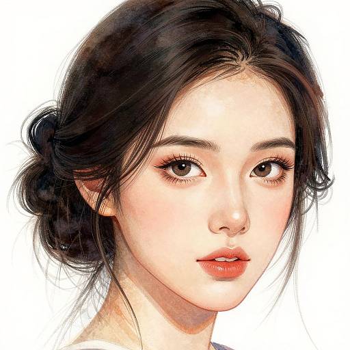 Digital portrait of an Asian woman with fair skin, large brown eyes, subtle pink lips, and dark, wavy hair in a loose bun. White