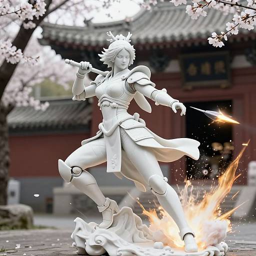 White Porcelain Mecha Samurai Female Statue with Explosive Effect