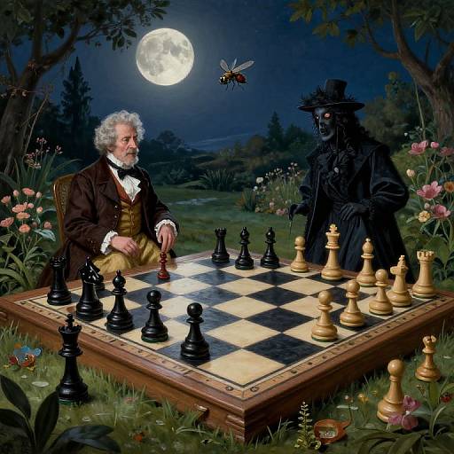Illustration of an elderly white man with curly hair playing chess against a black-dressed figure under a full moon, with a fly hovering nearby, in