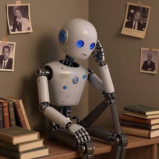 Photograph of a white, blue-eyed, humanoid robot with mechanical joints, sitting pensively on a wooden desk, surrounded by books and vintage black-and