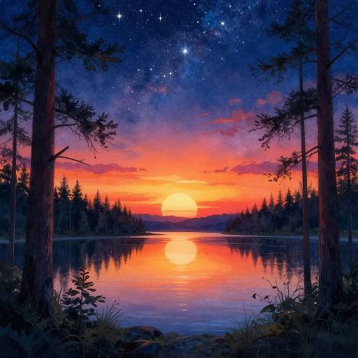 Photograph of a vibrant sunset over a tranquil lake, reflecting orange and pink hues. Silhouetted trees frame the scene, with a star-st
