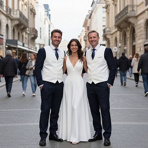 Photograph of a smiling couple in a white wedding dress and two men in black vests and white shirts standing on a busy European street.