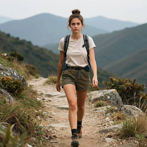 Photograph of a young woman with a bun, wearing a white t-shirt, olive shorts, black socks, and hiking boots, walking on a mountain